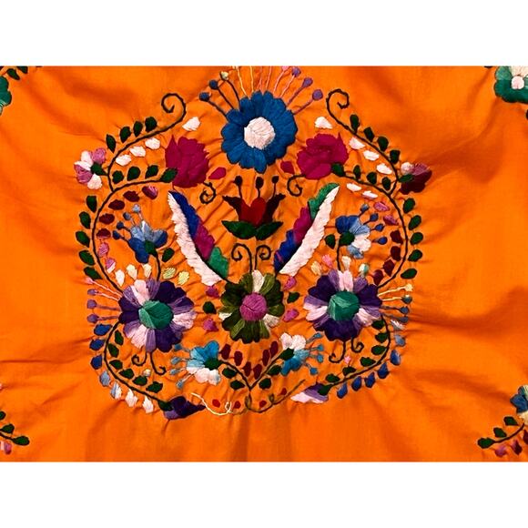 Zapoteco Mexican Dress Size Medium Orange Floral Feather Embroidered - Picture 4 of 7